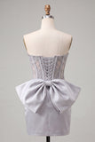Silver Sweetheart Corset Lace Up Back Bodycon Short Ball Dress with Bow