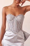 Silver Sweetheart Corset Lace Up Back Bodycon Short Ball Dress with Bow