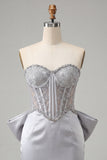 Silver Sweetheart Corset Lace Up Back Bodycon Short Ball Dress with Bow