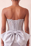 Silver Sweetheart Corset Lace Up Back Bodycon Short Ball Dress with Bow