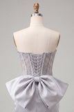 Silver Sweetheart Corset Lace Up Back Bodycon Short Ball Dress with Bow