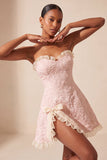 Sweetheart Yellow Jacquard A-Line Ruffled Lace Up Back Short Ball Dress with Slit