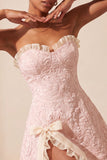Sweetheart Yellow Jacquard A-Line Ruffled Lace Up Back Short Ball Dress with Slit