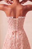 Sweetheart Yellow Jacquard A-Line Ruffled Lace Up Back Short Ball Dress with Slit