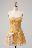 Sweetheart Yellow Jacquard A-Line Ruffled Lace Up Back Short Ball Dress with Slit
