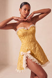 Sweetheart Yellow Jacquard A-Line Ruffled Lace Up Back Short Ball Dress with Slit