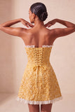 Sweetheart Yellow Jacquard A-Line Ruffled Lace Up Back Short Ball Dress with Slit