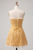 Sweetheart Yellow Jacquard A-Line Ruffled Lace Up Back Short Ball Dress with Slit