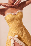 Sweetheart Yellow Jacquard A-Line Ruffled Lace Up Back Short Ball Dress with Slit