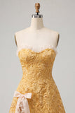Sweetheart Yellow Jacquard A-Line Ruffled Lace Up Back Short Ball Dress with Slit