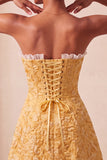 Sweetheart Yellow Jacquard A-Line Ruffled Lace Up Back Short Ball Dress with Slit