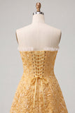Sweetheart Yellow Jacquard A-Line Ruffled Lace Up Back Short Ball Dress with Slit