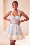Light Yellow A-Line Ruffled Lace Up Back Sheer Corset Floral Short Ball Dress