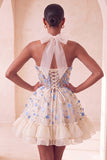 Light Yellow A-Line Ruffled Lace Up Back Sheer Corset Floral Short Ball Dress