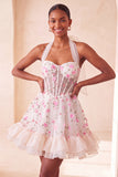 Light Yellow A-Line Ruffled Lace Up Back Sheer Corset Floral Short Ball Dress