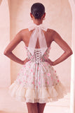 Light Yellow A-Line Ruffled Lace Up Back Sheer Corset Floral Short Ball Dress