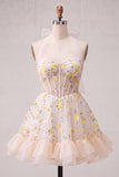 Light Yellow A-Line Ruffled Lace Up Back Sheer Corset Floral Short Ball Dress