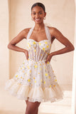 Light Yellow A-Line Ruffled Lace Up Back Sheer Corset Floral Short Ball Dress