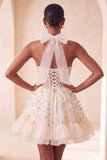 Light Yellow A-Line Ruffled Lace Up Back Sheer Corset Floral Short Ball Dress