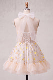 Light Yellow A-Line Ruffled Lace Up Back Sheer Corset Floral Short Ball Dress