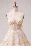 Light Yellow A-Line Ruffled Lace Up Back Sheer Corset Floral Short Ball Dress