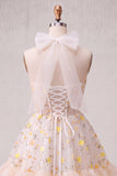 Light Yellow A-Line Ruffled Lace Up Back Sheer Corset Floral Short Ball Dress