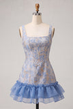 Blue Corset Square Neck Jacquard Bodycon Short Ball Dress with Ruffles
