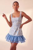 Blue Corset Square Neck Jacquard Bodycon Short Ball Dress with Ruffles