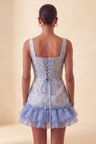 Blue Corset Square Neck Jacquard Bodycon Short Ball Dress with Ruffles