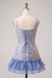 Blue Corset Square Neck Jacquard Bodycon Short Ball Dress with Ruffles