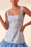 Blue Corset Square Neck Jacquard Bodycon Short Ball Dress with Ruffles