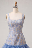 Blue Corset Square Neck Jacquard Bodycon Short Ball Dress with Ruffles