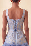 Blue Corset Square Neck Jacquard Bodycon Short Ball Dress with Ruffles