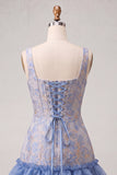 Blue Corset Square Neck Jacquard Bodycon Short Ball Dress with Ruffles