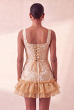 Blue Corset Square Neck Jacquard Bodycon Short Ball Dress with Ruffles