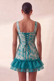 Blue Corset Square Neck Jacquard Bodycon Short Ball Dress with Ruffles