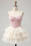 Pink Sweetheart A-Line Corset Jacquard Lace Up Back Tiered Short Ball Dress