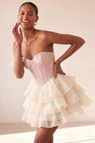 Pink Sweetheart A-Line Corset Jacquard Lace Up Back Tiered Short Ball Dress