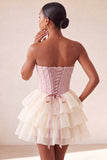 Pink Sweetheart A-Line Corset Jacquard Lace Up Back Tiered Short Ball Dress
