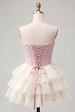 Pink Sweetheart A-Line Corset Jacquard Lace Up Back Tiered Short Ball Dress
