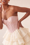 Pink Sweetheart A-Line Corset Jacquard Lace Up Back Tiered Short Ball Dress