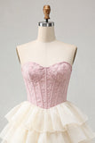 Pink Sweetheart A-Line Corset Jacquard Lace Up Back Tiered Short Ball Dress