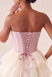 Pink Sweetheart A-Line Corset Jacquard Lace Up Back Tiered Short Ball Dress