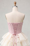 Pink Sweetheart A-Line Corset Jacquard Lace Up Back Tiered Short Ball Dress