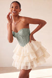 Pink Sweetheart A-Line Corset Jacquard Lace Up Back Tiered Short Ball Dress