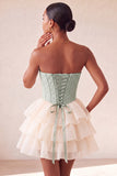 Pink Sweetheart A-Line Corset Jacquard Lace Up Back Tiered Short Ball Dress