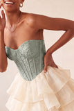 Pink Sweetheart A-Line Corset Jacquard Lace Up Back Tiered Short Ball Dress