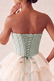 Pink Sweetheart A-Line Corset Jacquard Lace Up Back Tiered Short Ball Dress