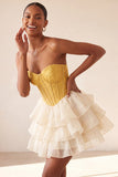 Pink Sweetheart A-Line Corset Jacquard Lace Up Back Tiered Short Ball Dress