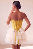 Pink Sweetheart A-Line Corset Jacquard Lace Up Back Tiered Short Ball Dress